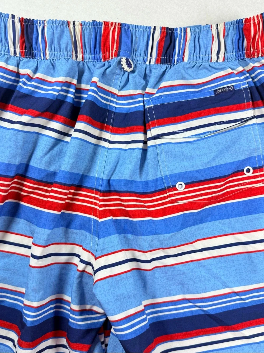 Johnnie-O Swim Trunks Medium Blue Red White Stripes Coastal Nautical